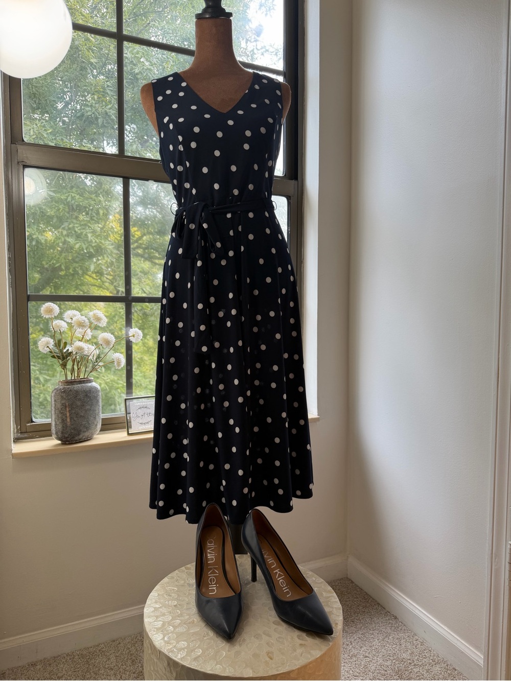 Tommy Hilfiger Black and White Polka Dot Sleeveless Midi Dress